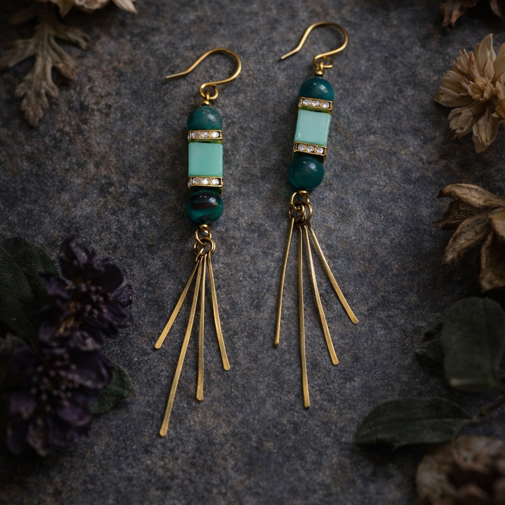 Brass & Sea Glass Green Fringe Earrings – Artisan Statement Drop - Picture 4 of 5